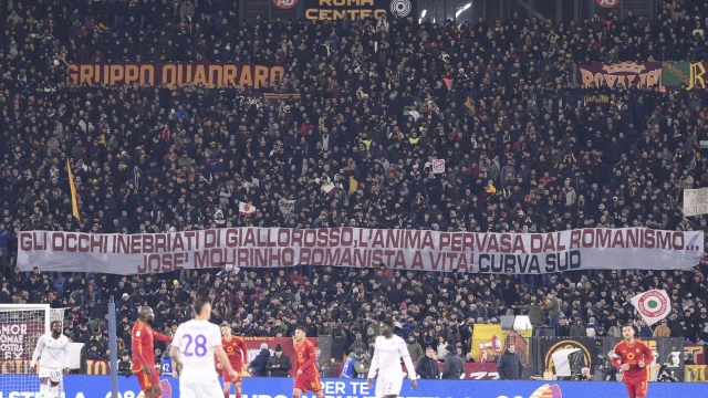 ROME, ITALY - DECEMBER 10: AS Roma fans show a banner for Mourinho during the Serie A TIM match between AS Roma and ACF Fiorentina at Stadio Olimpico on December 10, 2023 in Rome, Italy. (Photo by Luciano Rossi/AS Roma via Getty Images)