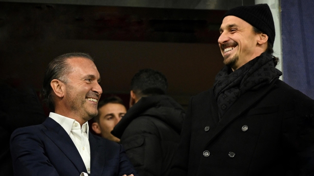 MILAN, ITALY - NOVEMBER 28: Gerry Cardinale Owner of AC Milan and Founder of RedBird and Zlatan Ibrahimovic chat during the UEFA Champions League match between AC Milan and Borussia Dortmund at Stadio Giuseppe Meazza on November 28, 2023 in Milan, Italy. (Photo by Claudio Villa/AC Milan via Getty Images)