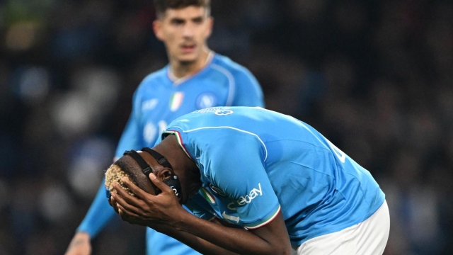 NAPLES, ITALY - DECEMBER 19: Victor Osimhen of SSC Napoli reacts during the Coppa Italia - Round of 16 match between SSC Napoli and Frosinone Calcio at Stadio Diego Armando Maradona on December 19, 2023 in Naples, Italy. (Photo by Francesco Pecoraro/Getty Images)