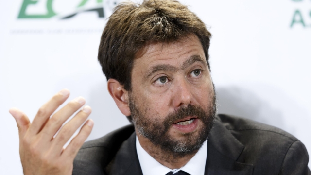 FILE - Italy's Andrea Agnelli, then chairman of the European Club Association, ECA, speaks to the media, during a press conference after the general assembly of the European Club Association, ECA, in Geneva, Switzerland, Tuesday, Sept. 10, 2019. Former Juventus president Andrea Agnelli has had one of his soccer bans reduced from 16 to 10 months on an appeal to the Italian soccer federation after he was charged with fraud for the way he handled player salary cuts during the coronavirus pandemic. (Salvatore Di Nolfi/Keystone via AP, File)