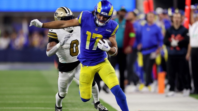 INGLEWOOD, CALIFORNIA - DECEMBER 21: Puka Nacua #17 of the Los Angeles Rams runs with the ball against Ugo Amadi #0 of the New Orleans Saints during the fourth quarter of the game at SoFi Stadium on December 21, 2023 in Inglewood, California.   Sean M. Haffey/Getty Images/AFP (Photo by Sean M. Haffey / GETTY IMAGES NORTH AMERICA / Getty Images via AFP)