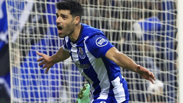 Porto's Mehdi Taremi celebrates after scoring his side's third goal during a Champions League group H soccer match between FC Porto and Shakhtar Donetsk at the Dragao stadium in Porto, Portugal, Wednesday, Dec. 13, 2023. (AP Photo/Luis Vieira)