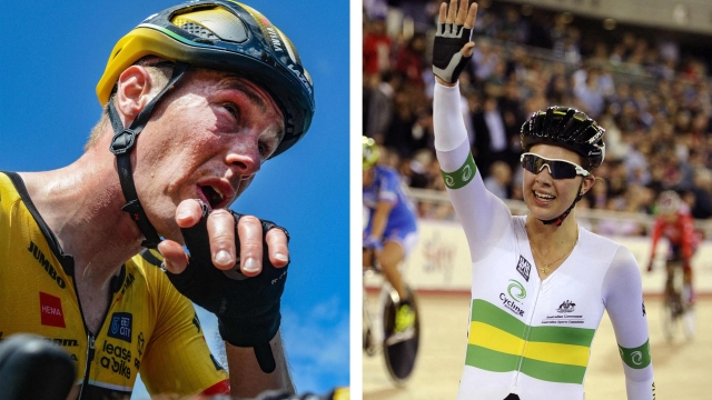 (COMBO) (FILES) This combination image of two file photos created on January 1, 2024 shows Australian cyclist Rohan Dennis (L) from Jumbo Visma team after winning the stage two of the Tour Down Under UCI cycling event in Adelaide on January 19, 2023; and Australia's Melissa Hoskins (R) celebrating after winning with teammates the UCI Track Cycling World Championships in Saint-Quentin-en-Yvelines, near Paris on February 19, 2015. Former world champion cyclist Rohan Dennis has been charged over the death of his Olympian wife, Melissa Hoskins, Australian media reported on January 1, 2024, after allegedly hitting her with a car. (Photo by Miguel MEDINA and Brenton EDWARDS / AFP)