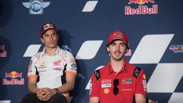 JEREZ DE LA FRONTERA, SPAIN - APRIL 29: Francesco Bagnaia of Italy and Ducati Lenovo Team (R) speaks and Marc Marquez of Spain and Repsol Honda Team looks on during the press conference pre-event during the MotoGP of Spain - Previews at Circuito de Jerez on April 29, 2021 in Jerez de la Frontera, Spain. (Photo by Mirco Lazzari gp/Getty Images)