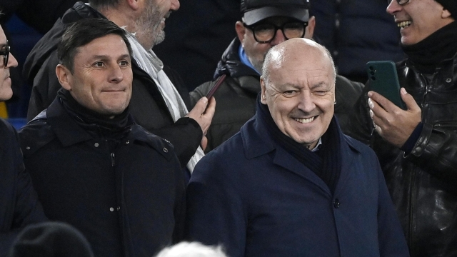 Inter's vice president Javier Zanetti (L) with Inter's CEO Giuseppe Marotta (R) during the Serie A soccer match between SS Lazio and FC Inter at the Olimpico stadium in Rome, Italy, 17 December 2023. ANSA/RICCARDO ANTIMIANI