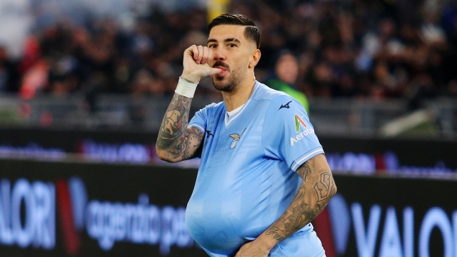 ROME, ITALY - JANUARY 10: Mattia Zaccagni of SS Lazio celebrates scoring his team's first goal during the Coppa Italia match between SS Lazio and AS Roma at Stadio Olimpico on January 10, 2024 in Rome, Italy. (Photo by Paolo Bruno/Getty Images)
