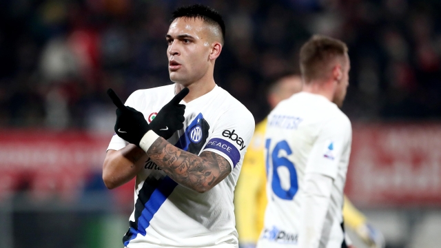 MONZA, ITALY - JANUARY 13: Lautaro Martinez of FC Internazionale celebrates after scoring his team's fourth goal from the penalty-spot during the Serie A TIM match between AC Monza and FC Internazionale - Serie A TIM  at U-Power Stadium on January 13, 2024 in Monza, Italy. (Photo by Marco Luzzani/Getty Images)
