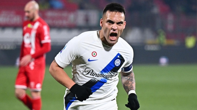 MONZA, ITALY - JANUARY 13:  Lautaro Martinez of FC Internazionale celebrates after scoring the goal during the Serie A TIM match between AC Monza and FC Internazionale - Serie A TIM  at U-Power Stadium on January 13, 2024 in Monza, Italy. (Photo by Mattia Ozbot - Inter/Inter via Getty Images)