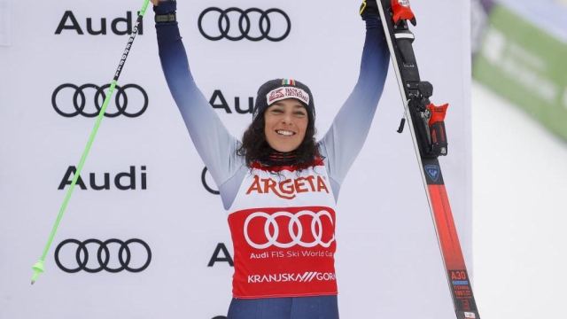 KRANJSKA GORA, SLOVENIA - JANUARY 6: Federica Brignone of Team Italy takes 3rd place during the Audi FIS Alpine Ski World Cup Women's Giant Slalom on January 6, 2024 in Kranjska Gora, Slovenia. (Photo by Stanko Gruden/Agence Zoom/Getty Images)