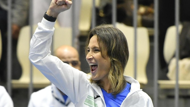 epa10966168 Italy captain Tathiana Garbin cheers during the group D tennis match between Martina Trevisan of Italy and Eva Lys of Germany, at the Billie Jean King Cup Finals 2023 in Seville, Spain, 09 November 2023.  EPA/Raul Caro