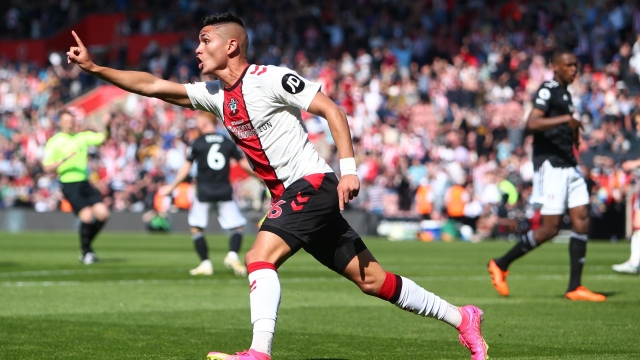 SOUTHAMPTON, ENGLAND - MAY 13: Carlos Alcaraz of Southampton reacts after scoring a goal, which is dissallowed following an offside decision, during the Premier League match between Southampton FC and Fulham FC at Friends Provident St. Mary's Stadium on May 13, 2023 in Southampton, England. (Photo by Charlie Crowhurst/Getty Images)