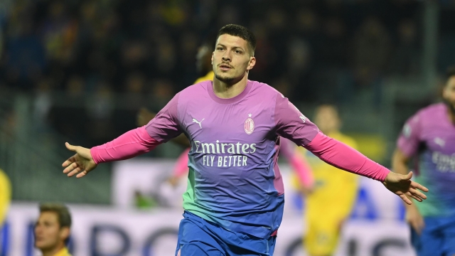 FROSINONE, ITALY - FEBRUARY 03:  Luka Jovic of AC Milan celebrates after scoring the goal during the Serie A TIM match between Frosinone Calcio and AC Milan at Stadio Benito Stirpe on February 03, 2024 in Frosinone, Italy. (Photo by Claudio Villa/AC Milan via Getty Images)