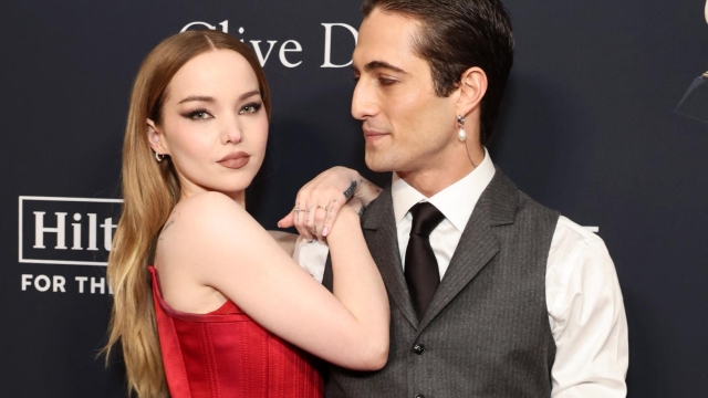 BEVERLY HILLS, CALIFORNIA - FEBRUARY 03: (FOR EDITORIAL USE ONLY) (L-R) Dove Cameron and Damiano David attend the 66th GRAMMY Awards Pre-GRAMMY Gala & GRAMMY Salute to Industry Icons Honoring Jon Platt at The Beverly Hilton on February 03, 2024 in Beverly Hills, California.   Amy Sussman/Getty Images/AFP (Photo by Amy Sussman / GETTY IMAGES NORTH AMERICA / Getty Images via AFP)