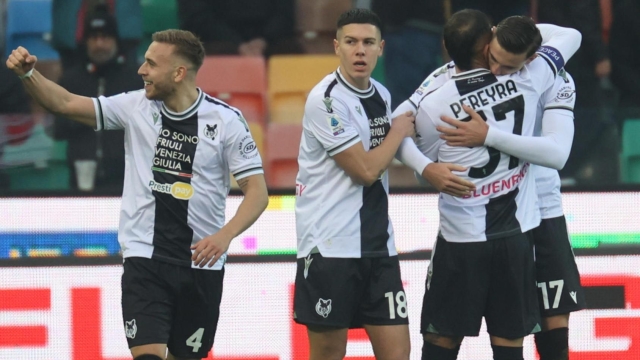 Udinese's Lorenzo Lucca celebrates after scoring a goal during the italian soccer Serie A match between Udinese Calcio vs Bologna FC 1909 on december 30, 2023 at the Bluenergy stadium in Udine, Italy. ANSA/GIANNI STRIZZOLO