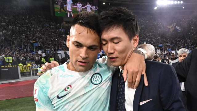 Inter's President Steven Zhang and forward Lautaro Martinez celebrate after winning the Coppa Italia Final soccer match against ACF Fiorentina at the Olimpico stadium in Rome, Italy, 24 May 2023. ANSA/CLAUDIO PERI