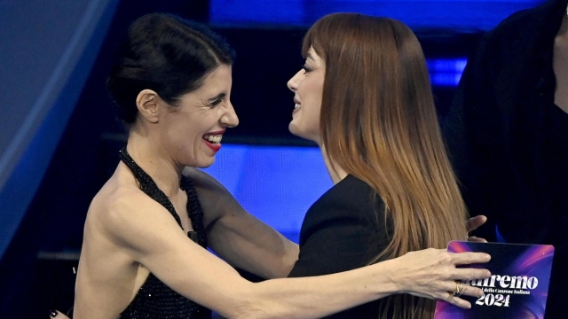 Italian singers Annalisa (R) and Giorgia on stage at the Ariston theatre during the 74th Sanremo Italian Song Festival in Sanremo, Italy, 07 February 2024. The music festival runs from 06 to 10 February 2024.   ANSA/RICCARDO ANTIMIANI