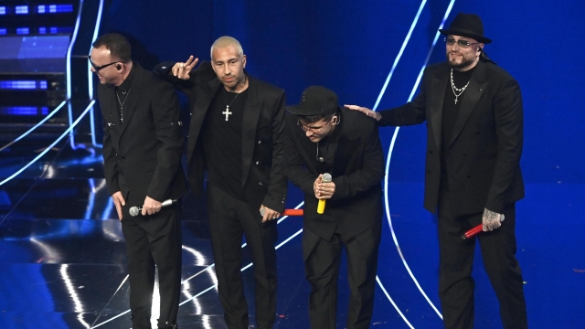 (L-R) Italian singers Gigi D'Alessio, Luche', Geolier and Gue' on stage at the Ariston theatre during the 74th Sanremo Italian Song Festival in Sanremo, Italy, 09 February 2024. The music festival runs from 06 to 10 February 2024.   ANSA/RICCARDO ANTIMIANI