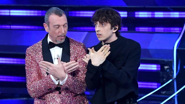 Sanremo Festival host and artistic director Amadeus (L) and Italian singer Sangiovanni at the Ariston theatre during the 74th Sanremo Italian Song Festival in Sanremo, Italy, 09 February 2024. The music festival runs from 06 to 10 February 2024.   ANSA/RICCARDO ANTIMIANI/POOL