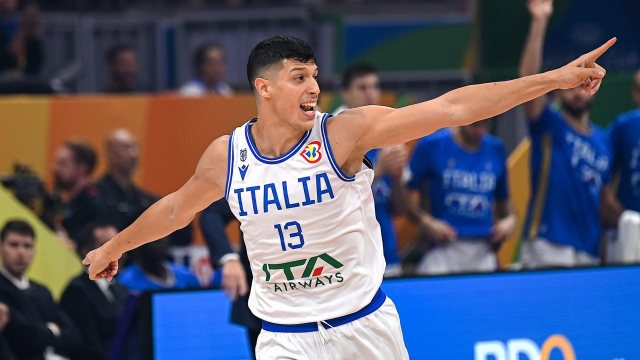 Italy's Simone Fontecchio gestures during the FIBA Basketball World Cup final  classification 7-8 match between Italy and Slovenia in Manila on September 9, 2023. (Photo by JAM STA ROSA / AFP)