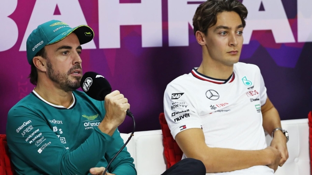 BAHRAIN, BAHRAIN - FEBRUARY 22: Fernando Alonso of Spain and Aston Martin F1 Team, George Russell of Great Britain and Mercedes and Alexander Albon of Thailand and Williams attend the Drivers Press Conference during day two of F1 Testing at Bahrain International Circuit on February 22, 2024 in Bahrain, Bahrain. (Photo by Peter Fox/Getty Images)