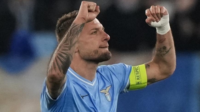 Lazio's Ciro Immobile celebrates after scoring his side's first goal during a Champions League round of 16 first leg soccer match between Lazio and Bayern Munich, at Rome's Olympic Stadium, Wednesday, Feb. 14, 2024. (AP Photo/Andrew Medichini)