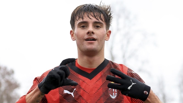 MILAN, ITALY - FEBRUARY 10: Diego Sia of AC Milan celebrates after scoring the his team's secon goal during the Primavera 1 match between AC Milan U19 and Sassuolo U19 at Vismara PUMA House of Football on February 10, 2024 in Milan, Italy. (Photo by Giuseppe Cottini/AC Milan via Getty Images)