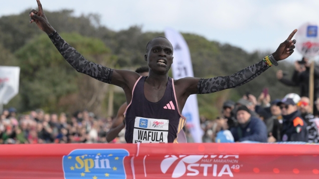 Wafula crosses the finish line during the 49th edition of the Eurospin Rome Ostia half marathon Rome's, Italy - Sunday, March 03, 2024. Sport ( Photo by Alfredo Falcone/LaPresse )