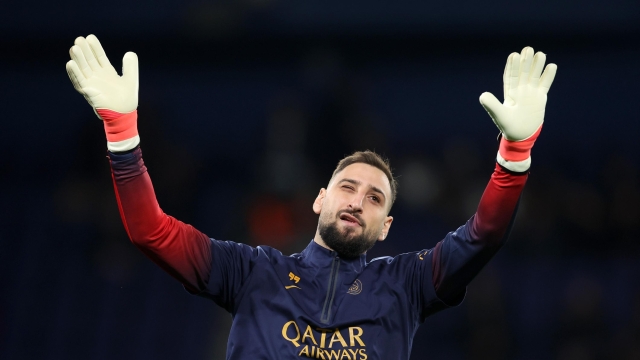 PARIS, FRANCE - FEBRUARY 14: Gianluigi Donnarumma of Paris Saint-Germain gestures during the warm up prior to the UEFA Champions League 2023/24 round of 16 first leg match between Paris Saint-Germain and Real Sociedad at Parc des Princes on February 14, 2024 in Paris, France. (Photo by Alex Pantling/Getty Images)