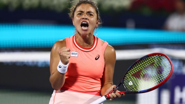 DUBAI, UNITED ARAB EMIRATES - FEBRUARY 24:   Jasmine Paolini of Italy celebrates a point against Anna Kalinskaya in their Women's Singles Final during the Dubai Duty Free Tennis Championships, part of the Hologic WTA Tour at Dubai Duty Free Tennis Stadium on February 24, 2024 in Dubai, United Arab Emirates. (Photo by Francois Nel/Getty Images)