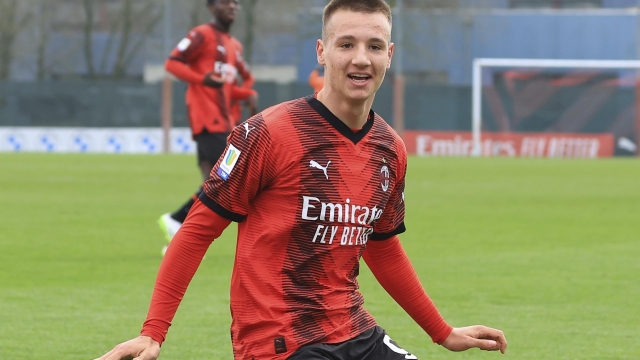 MILAN, ITALY - FEBRUARY 24: Francesco Camarda of AC Milan celebrates after scoring the his team's first goal during the Primavera 1 match between Milan U19 and FC Internazionale U19 at Vismara PUMA House of Football on February 24, 2024 in Milan, Italy. (Photo by Giuseppe Cottini/AC Milan via Getty Images)