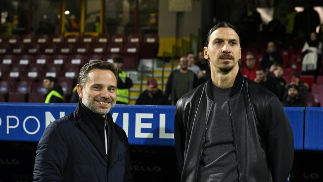 SALERNO, ITALY - DECEMBER 22:  Senior Advisor to Ownership, Zlatan Ibrahimovic and CEO of AC Milan Giorgio Furlani attend before the Serie A TIM match between US Salernitana and AC Milan at Stadio Arechi on December 22, 2023 in Salerno, Italy. (Photo by Claudio Villa/AC Milan via Getty Images)