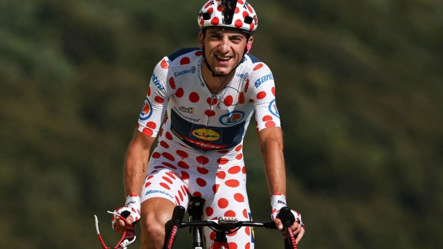 Lidl - Trek's Italian rider Giulio Ciccone wearing the best climber's polka dot (dotted) jersey cycles to the finish line of the 20th stage of the 110th edition of the Tour de France cycling race 133 km between Belfort and Le Markstein Fellering, in Eastern France, on July 22, 2023. (Photo by Anne-Christine POUJOULAT / AFP)