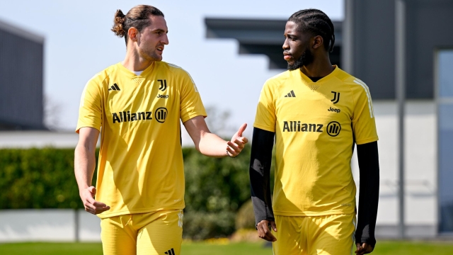 TURIN, ITALY - MARCH 14: Adrien Rabiot, Samuel Iling of Juventus during a training session at JTC on March 14, 2024 in Turin, Italy.  (Photo by Daniele Badolato - Juventus FC/Juventus FC via Getty Images)