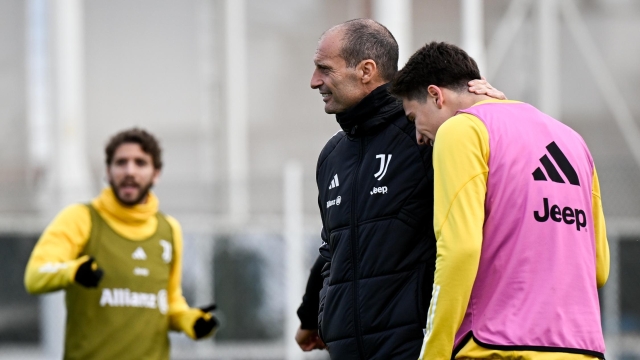 TURIN, ITALY - MARCH 6: Massimiliano Allegri, Kenan Yildiz of Juventus during a training session at JTC on March 6, 2024 in Turin, Italy.  (Photo by Daniele Badolato - Juventus FC/Juventus FC via Getty Images)