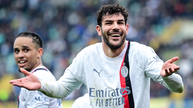 AC Milan's French defender #19 Theo Hernandez  celebrates after scoring his team first goal  during the Italian Serie A football match between Hellas Verona and AC Milan, at the Marcantonio Bentegodi stadium, in Verona, on March 17, 2024. (Photo by Piero CRUCIATTI / AFP)