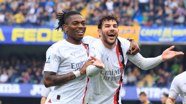 VERONA, ITALY - MARCH 17:  Theo Hernandez of AC Milan celebrates with Rafael Leao after scoring the goal during the Serie A TIM match between Hellas Verona FC and AC Milan at Stadio Marcantonio Bentegodi on March 17, 2024 in Verona, Italy. (Photo by Giuseppe Cottini/AC Milan via Getty Images) *** BESTPIX ***