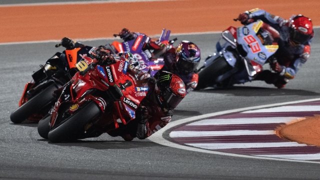 DOHA, QATAR - MARCH 10:  Francesco Bagnaia of Italy and Ducati Lenovo Team leads the field during the MotoGP race  during the MotoGP Of Qatar - Race at Losail Circuit on March 10, 2024 in Doha, Qatar. (Photo by Mirco Lazzari gp/Getty Images)