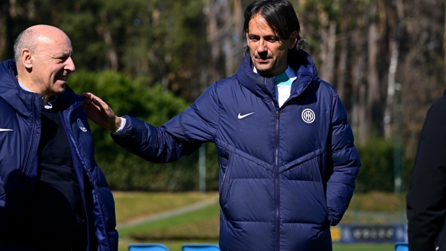 COMO, ITALY - MARCH 12: Sport CEO Giuseppe Marotta of FC Internazionale, Sport Director Piero Ausilio and Head Coach Simone Inzaghi of FC Internazionale during the FC Internazionale training session at the club's training ground Suning Training Center on March 12, 2023 in Como, Italy. (Photo by Mattia Ozbot - Inter/Inter via Getty Images)