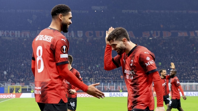 MILAN, ITALY - FEBRUARY 15: Ruben Loftus-Cheek of AC Milan celebrates with Christian Pulisic after scoring the his team's firs goal during the UEFA Europa League 2023/24 Knockout Round Play-offs First Leg match between AC Milan and Stade Rennais FC at Stadio Giuseppe Meazza on February 15, 2024 in Milan, Italy. (Photo by Giuseppe Cottini/AC Milan via Getty Images)