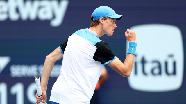 MIAMI GARDENS, FLORIDA - MARCH 29: Jannik Sinner of Italy celebrates his point win in the first set against Daniil Medvedev during the Men's semifinal at Hard Rock Stadium on March 29, 2024 in Miami Gardens, Florida.   Elsa/Getty Images/AFP (Photo by ELSA / GETTY IMAGES NORTH AMERICA / Getty Images via AFP)