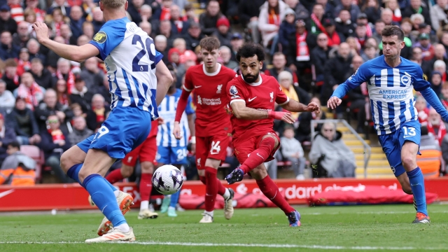 LIVERPOOL, ENGLAND - MARCH 31: Mohamed Salah of Liverpool scores his team's second goal during the Premier League match between Liverpool FC and Brighton & Hove Albion at Anfield on March 31, 2024 in Liverpool, England. (Photo by Alex Livesey/Getty Images) (Photo by Alex Livesey/Getty Images)