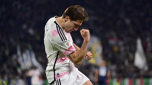 Juventus' Federico Chiesa celebrates after scoring their side's first goal of the game during the Coppa Italia Semi-final (leg 1of 2)  soccer match between Juventus and Lazio at the Allianz Stadium in Torino, north west Italy - Tuesday, April 02, 2024 - Sport - Soccer  (Photo by Marco Alpozzi/Lapresse)