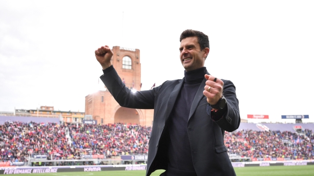 Bologna?s head coach Thiago Motta celebrates for the victory during the Serie a Tim match between Bologna and Salernitana - Serie A TIM at Renato Dall?Ara Stadium - Sport, Soccer - Bologna, Italy - Monday April 1, 2024 (Photo by Massimo Paolone/LaPresse)