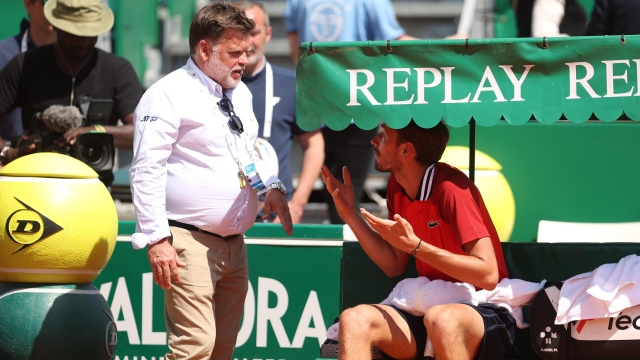 MONTE-CARLO, MONACO - APRIL 11:  Daniil Medvedev argues with match referee Cedric Mourier after he threw his racket in anger to the back of the court and received a point deduction in his match against Karen Khachanov during day five of the Rolex Monte-Carlo Masters at Monte-Carlo Country Club on April 11, 2024 in Monte-Carlo, Monaco. (Photo by Julian Finney/Getty Images)
