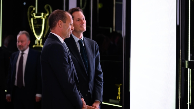 TURIN, ITALY - OCTOBER 9: John Elkann, Massimiliano Allegri during the Trophies Temple Opening at Jmuseum on October 9, 2023 in Turin, Italy. (Photo by Daniele Badolato - Juventus FC/Juventus FC via Getty Images)