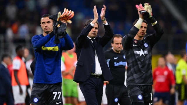 MILAN, ITALY - APRIL 14:  Head coach of FC Internazionale Simone Inzaghi reacts at the end of the Serie A TIM match between FC Internazionale and Cagliari at Stadio Giuseppe Meazza on April 14, 2024 in Milan, Italy. (Photo by Mattia Pistoia - Inter/Inter via Getty Images)