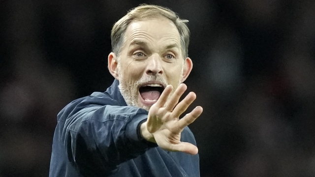 Bayern's head coach Thomas Tuchel reacts during the Champions League quarter final first leg soccer match between Arsenal and Bayern Munich at the Emirates Stadium, London, Tuesday, April 9, 2024. (AP Photo/Frank Augstein)