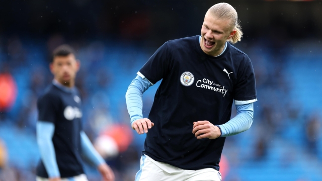 MANCHESTER, ENGLAND - APRIL 13: Erling Haaland of Manchester City reacts during the warm up prior to the Premier League match between Manchester City and Luton Town at Etihad Stadium on April 13, 2024 in Manchester, England. (Photo by Alex Livesey/Getty Images) (Photo by Alex Livesey/Getty Images)