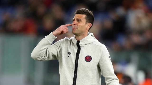 ROME, ITALY - APRIL 22: Thiago Motta, Head Coach of Bologna FC, reacts during the Serie A TIM match between AS Roma and Bologna FC at Stadio Olimpico on April 22, 2024 in Rome, Italy. (Photo by Paolo Bruno/Getty Images)