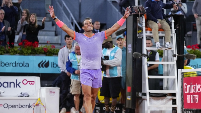Rafael Nadal, of Spain, celebrates after winning to Alex de Minaur, of Australia, during the Mutua Madrid Open tennis tournament in Madrid, Saturday, April 27, 2024. (AP Photo/Manu Fernandez)